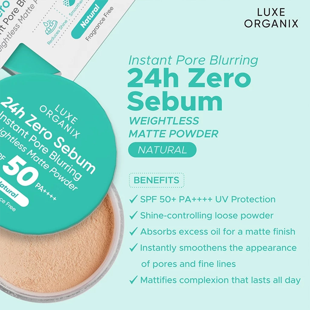 Luxe Organix 24H Zero Sebum Instant Pore Blurring Weightless Matte Powder SPF 50 PA++++ Natural 15G | Bini Beauty AU NZ