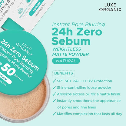 Luxe Organix 24H Zero Sebum Instant Pore Blurring Weightless Matte Powder SPF 50 PA++++ Natural 15G | Bini Beauty AU NZ