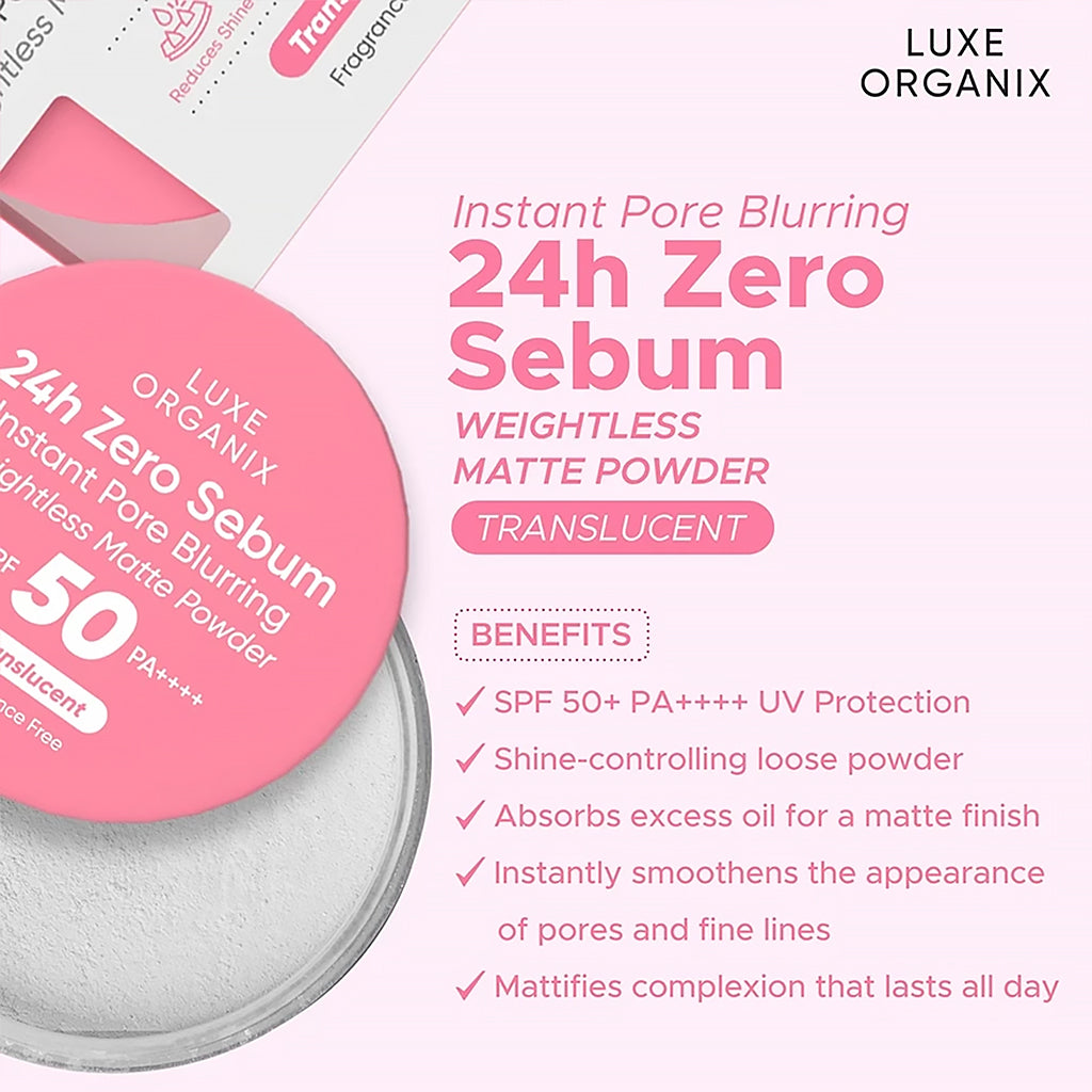 Luxe Organix 24H Zero Sebum Instant Pore Blurring Weightless Matte Powder SPF 50 PA++++ Translucent 15G | Bini Beauty AU NZ