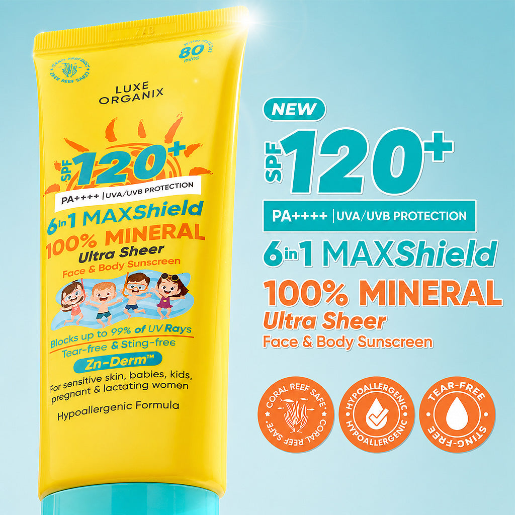 Luxe Organix 6-in-1 MAXShield 100% Mineral Ultra Sheer Face & Body Sunscreen for Kids SPF120 PA++++ 100ml