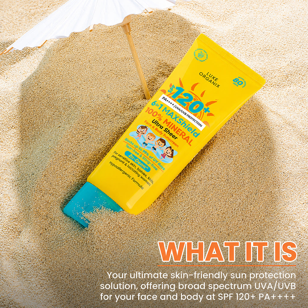 Luxe Organix 6-in-1 MAXShield 100% Mineral Ultra Sheer Face & Body Sunscreen for Kids SPF120 PA++++ 100ml