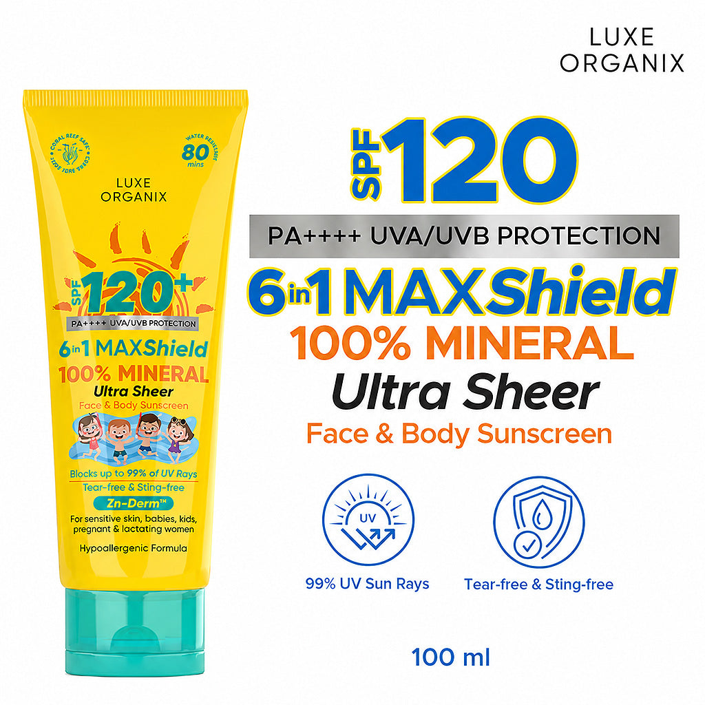Luxe Organix 6-in-1 MAXShield 100% Mineral Ultra Sheer Face & Body Sunscreen for Kids SPF120 PA++++ 100ml