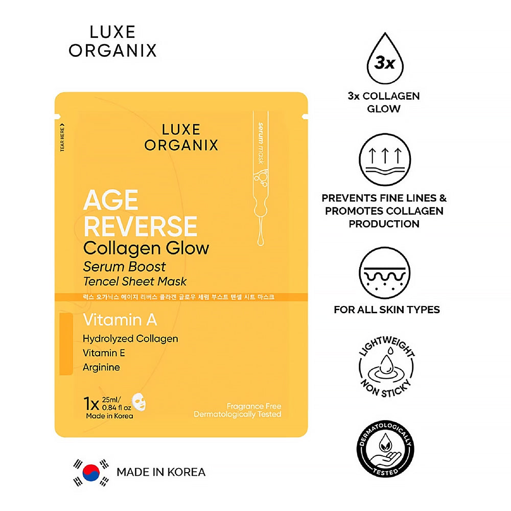 Luxe Organix Age Reverse Collagen Glow Serum Boost Sheet Mask | Bini Beauty AU NZ