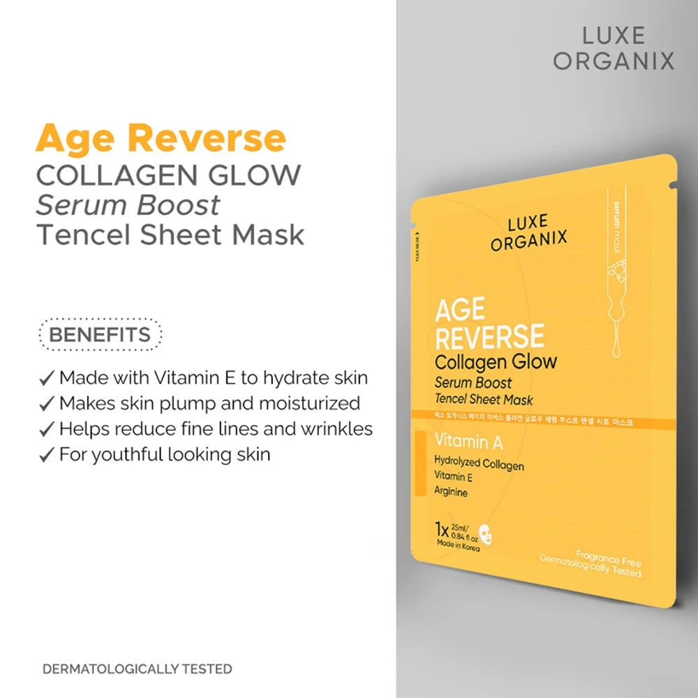 Luxe Organix Age Reverse Collagen Glow Serum Boost Sheet Mask | Bini Beauty AU NZ