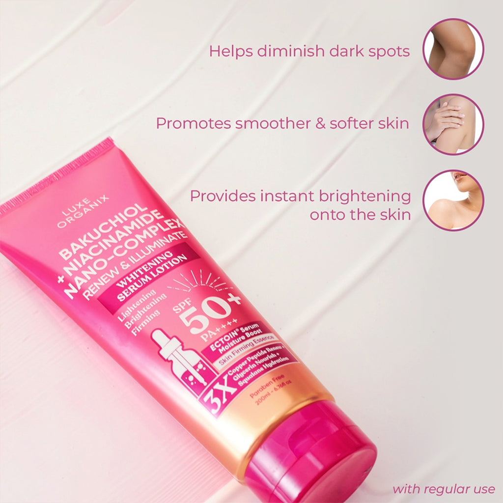 Luxe Organix Bakuchiol + Niacinamide Nano-Complex Serum Lotion SPF 50 200ml features and benefits