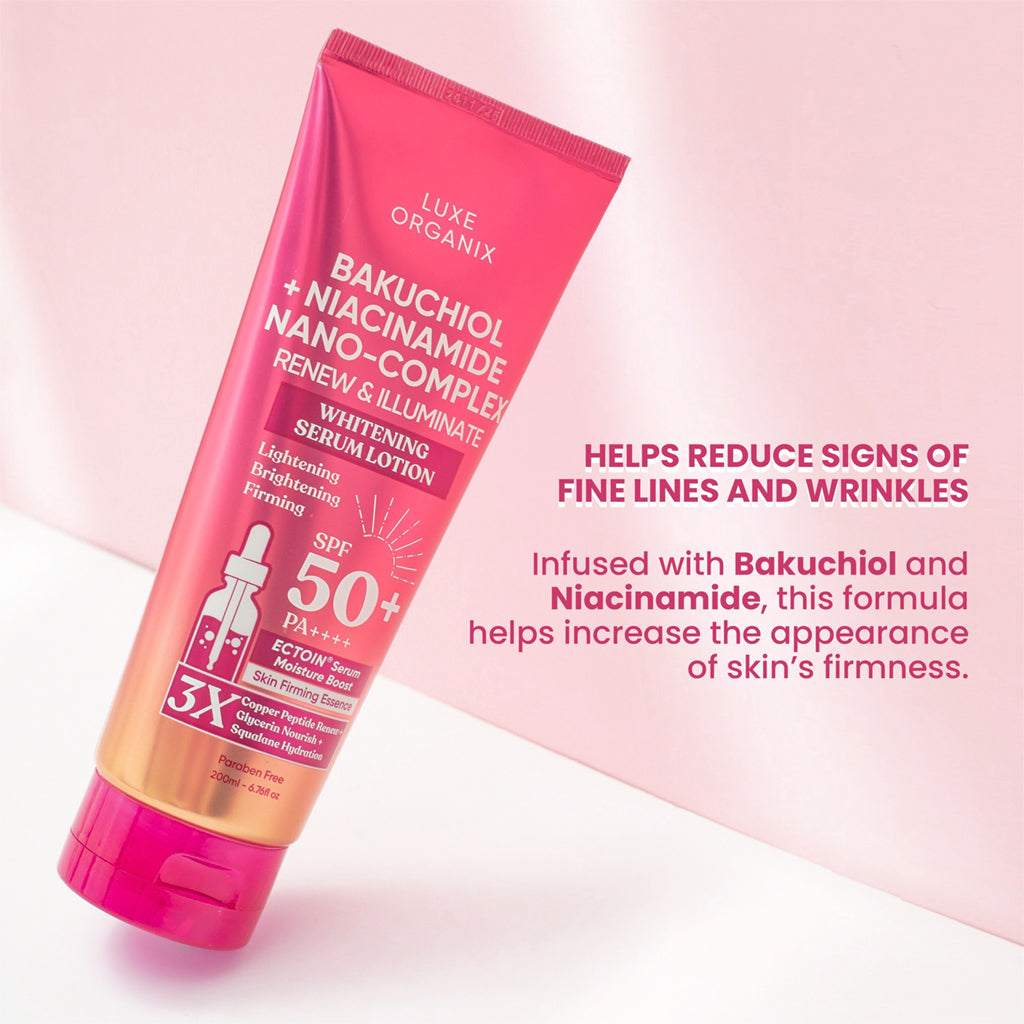 Luxe Organix Bakuchiol + Niacinamide Nano-Complex Serum Lotion SPF 50 200ml features and benefits