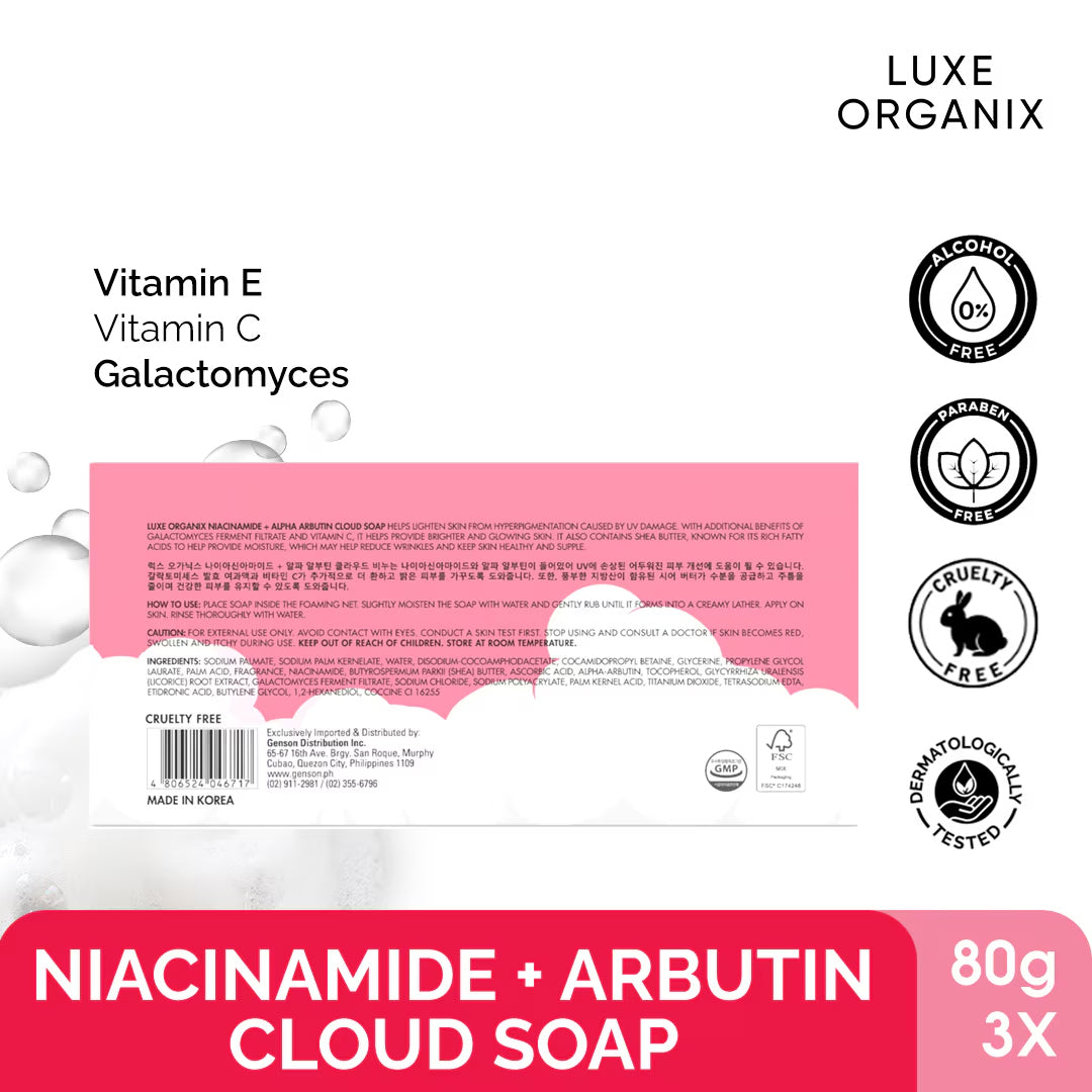 Luxe Organix Niacinamide + Alpha Arbutin Cloud Soap 3 x 80g  | Bini Beauty NZ AU