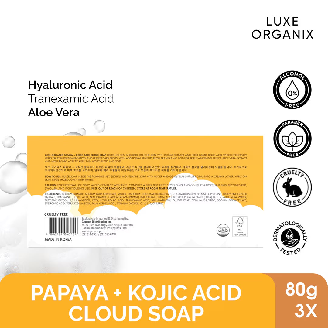 Luxe Organix Papaya + Kojic Acid Cloud Soap 3 x 80g | Bini Beauty NZ AU