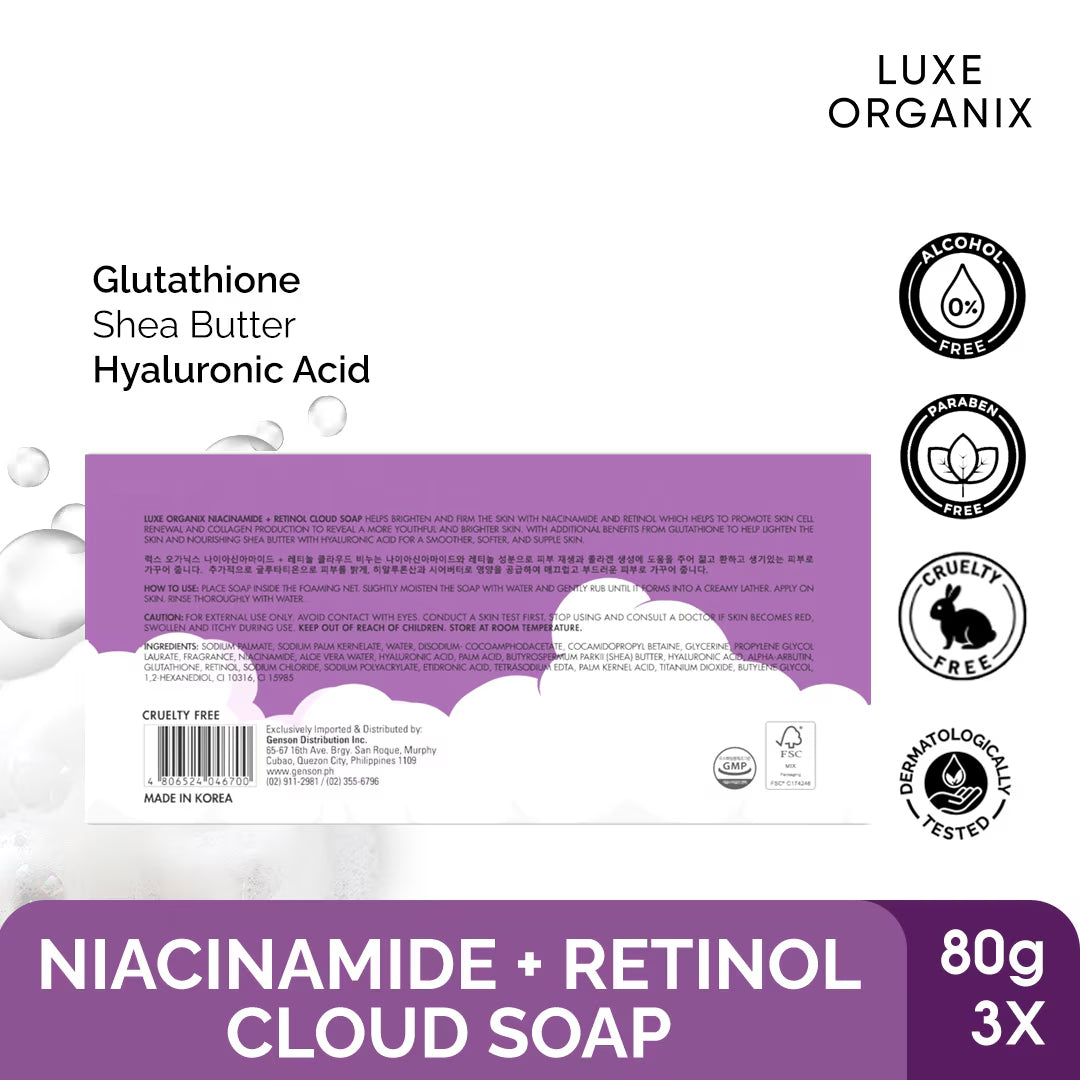 Luxe Organix Niacinamide + Retinol Cloud Soap 3 x 80g | Bini Beauty NZ AU