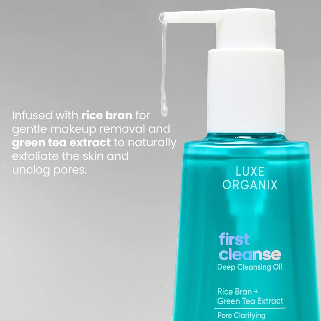 Luxe Organix First Cleanse Rice Bran + Green Tea Extract Pore Clarifying Cleansing Oil 150ml - key ingredients