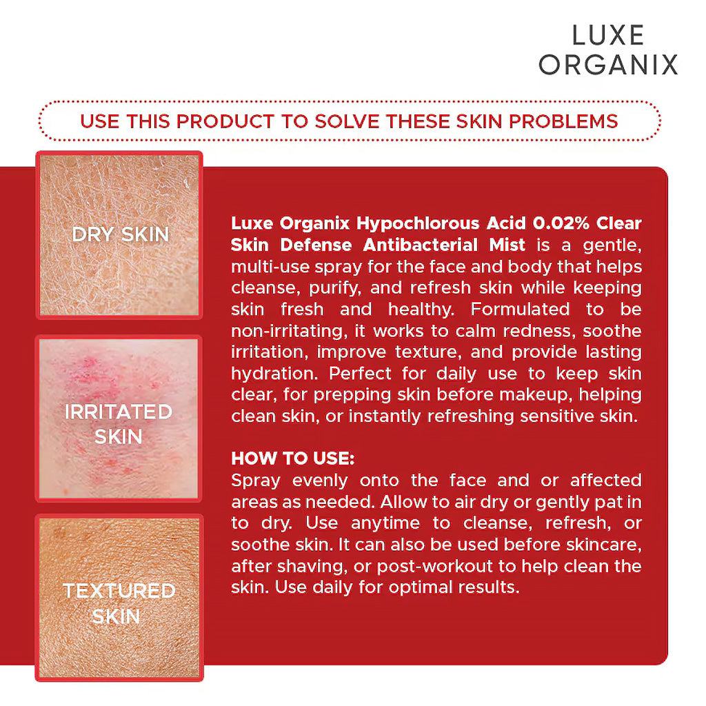 Key Benefits of Luxe Organix DermaPRO Hypochlorous Acid 0.02% Clear Skin Defense Antibacterial Mist 100ml