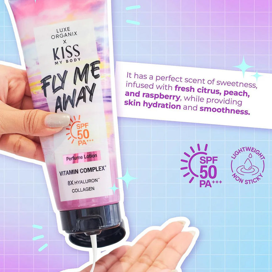 Luxe Organix x Kiss My Body Fly Me Away Perfume Lotion SPF 50 PA+++ | Bini Beauty AU NZ