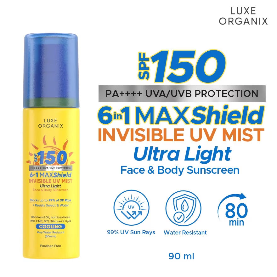 Luxe Organix 6-in-1 Maxshield Invisible UV Mist Ultra-Light Face & Body Sunscreen Cooling SPF150 90ml