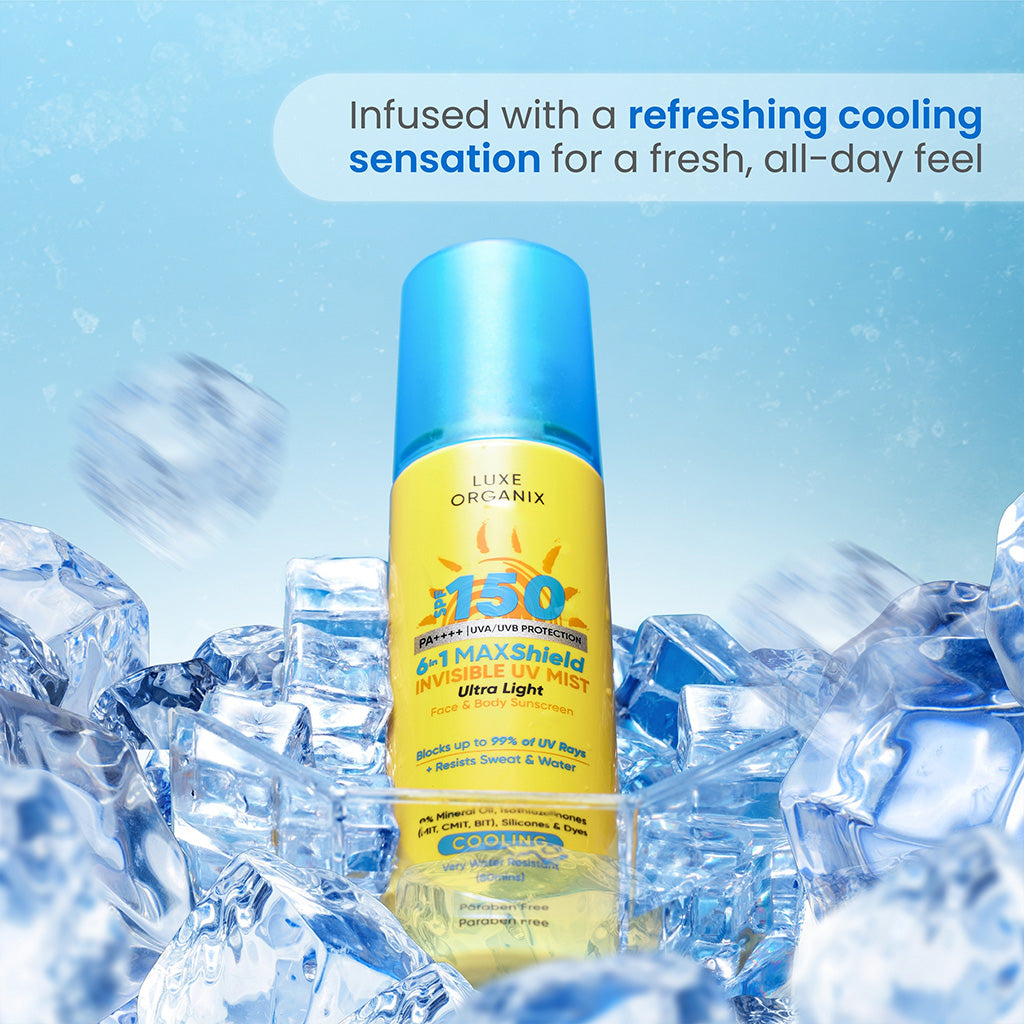 Luxe Organix 6-in-1 Maxshield Invisible UV Mist Ultra-Light Face & Body Sunscreen Cooling SPF150 90ml