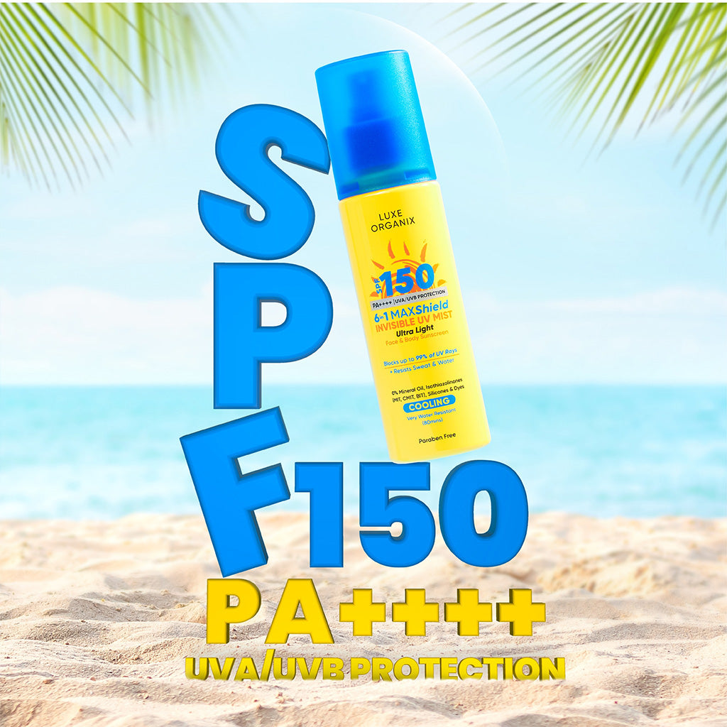 Luxe Organix 6-in-1 Maxshield Invisible UV Mist Ultra-Light Face & Body Sunscreen Cooling SPF150 90ml