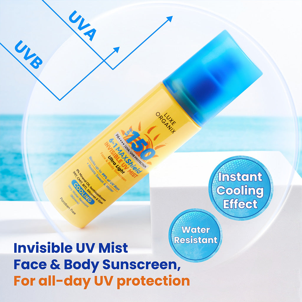 Luxe Organix 6-in-1 Maxshield Invisible UV Mist Ultra-Light Face & Body Sunscreen Cooling SPF150 90ml