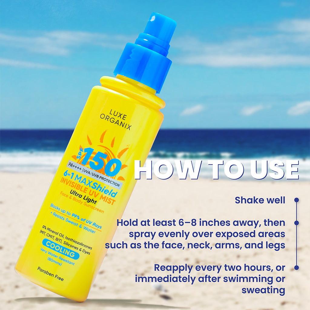 How to use: Luxe Organix 6-in-1 Maxshield Invisible UV Mist Ultra-Light Face & Body Sunscreen Cooling SPF150 90ml