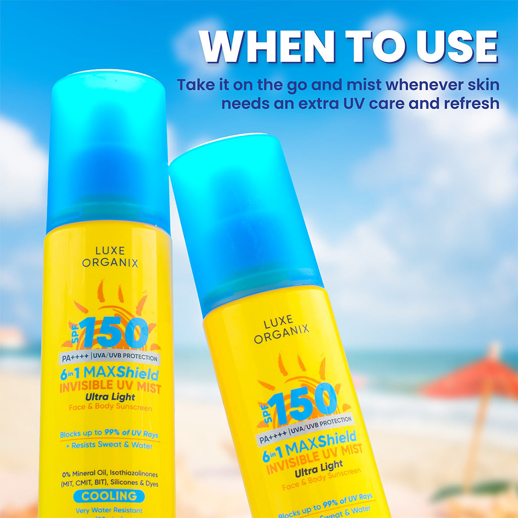 When to use Luxe Organix 6-in-1 Maxshield Invisible UV Mist Ultra-Light Face & Body Sunscreen Cooling SPF150 90ml