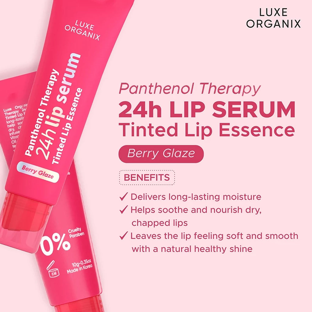 Luxe Organix Panthenol Therapy 24H Lip Serum Tinted Lip Essence Berry Glaze 10g | Bini Beauty AU NZ