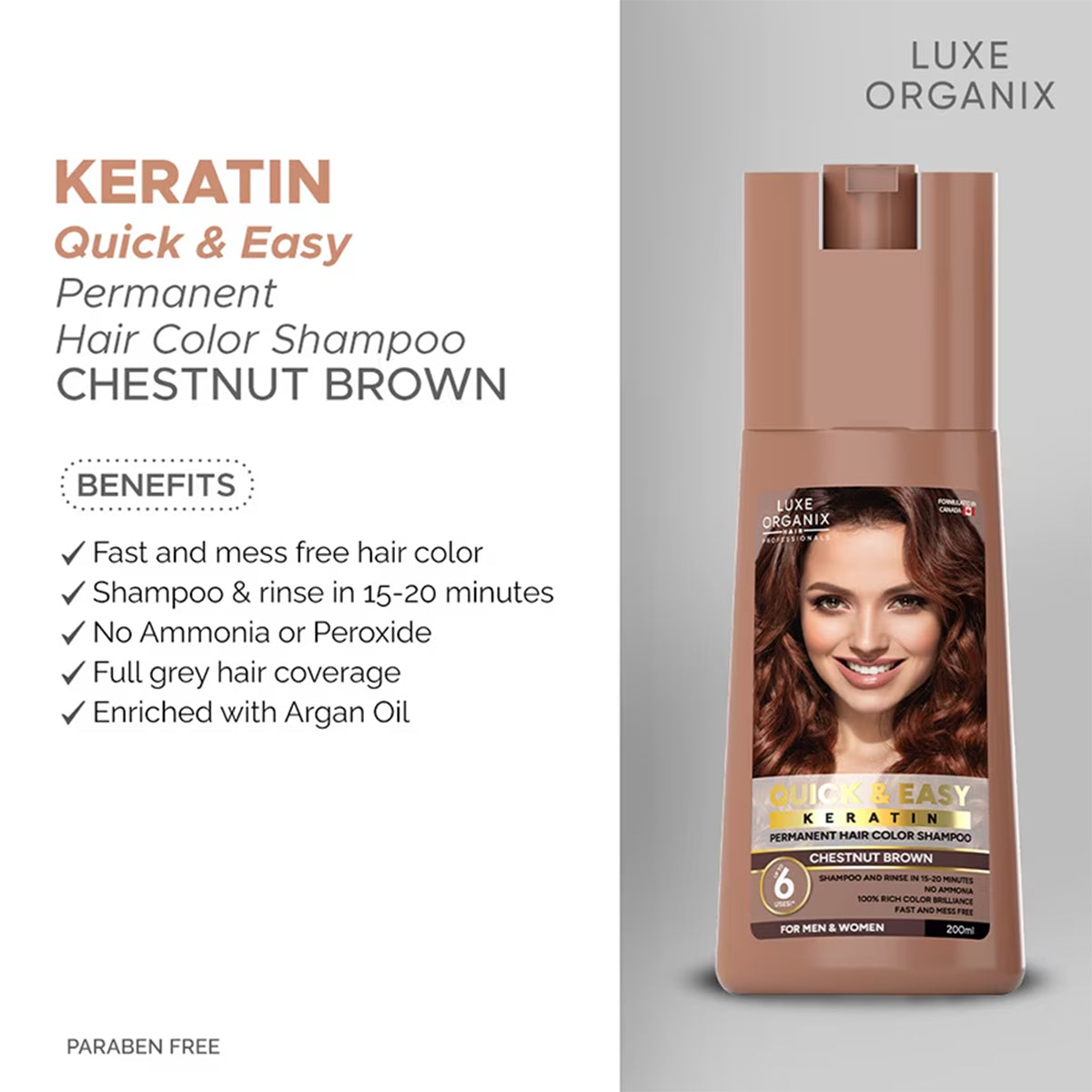 Luxe Organix Quick & Easy Keratin Permanent Hair Color Shampoo Chestnut Brown | Bini Beauty NZ AU