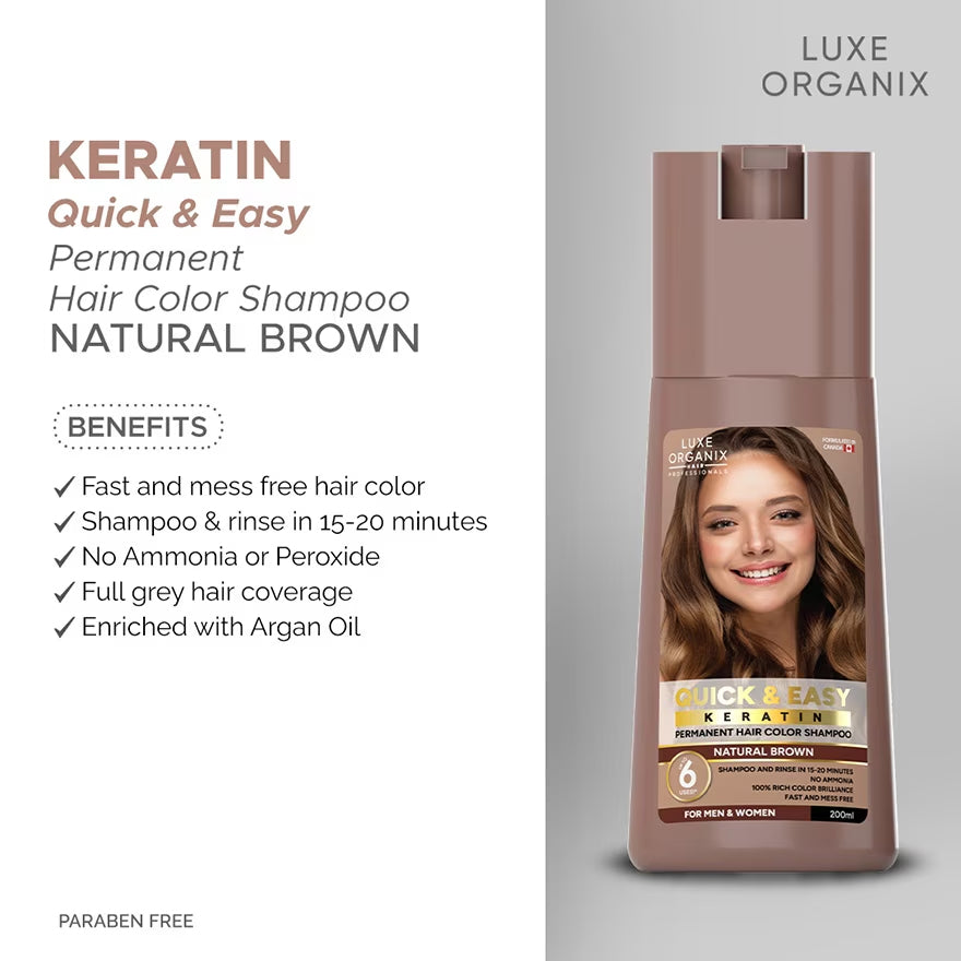 Luxe Organix Quick & Easy Permanent Hair Color Shampoo Natural Brown | Bini Beauty NZ AU