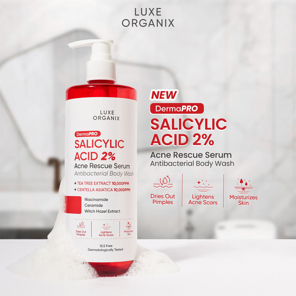 Luxe Organix DermaPro Salicylic Acid 2% Acne Rescue Serum Antibacterial Body Wash - product info