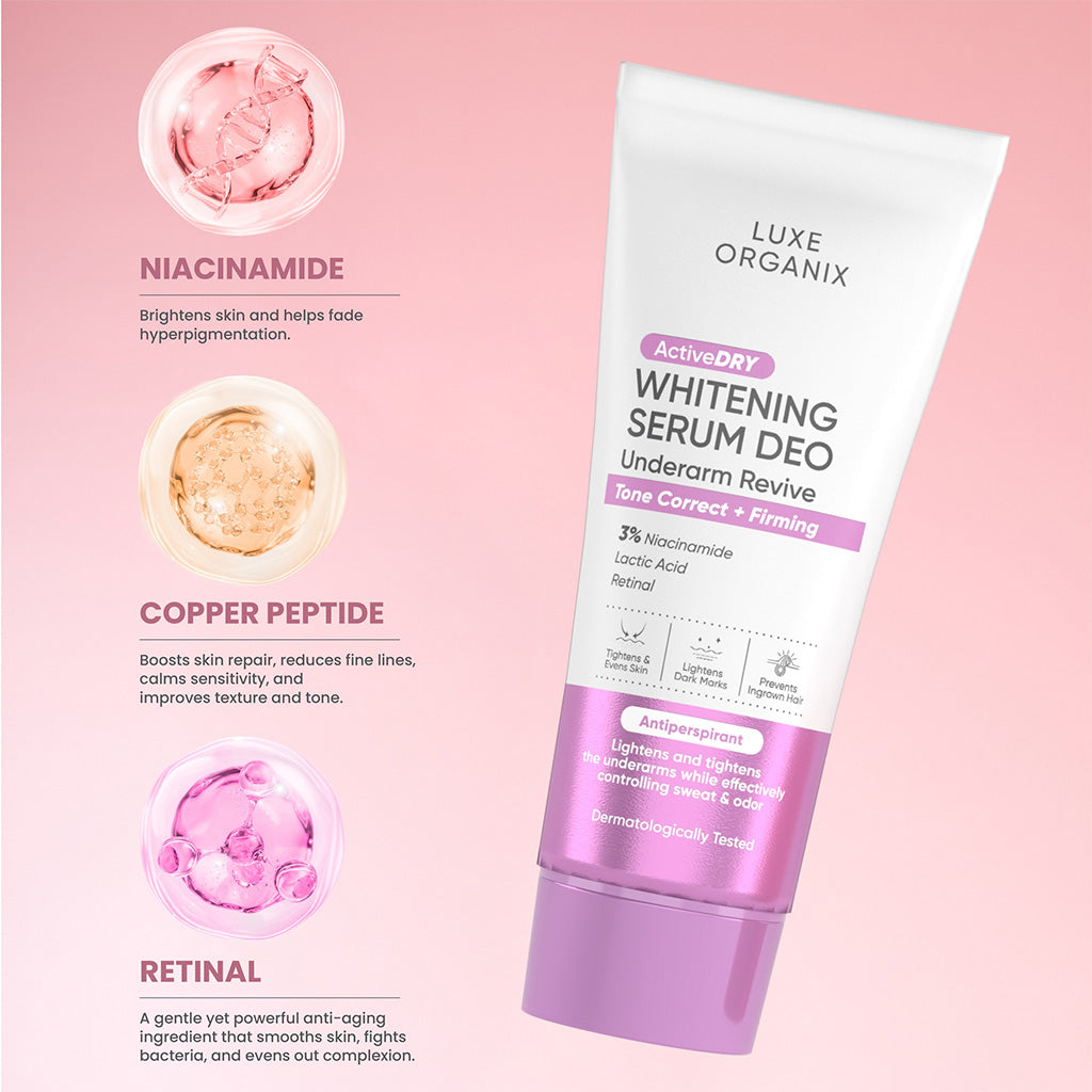 Luxe Organix ActiveDry Whitening Serum Deo on a pink background with ingredient information.