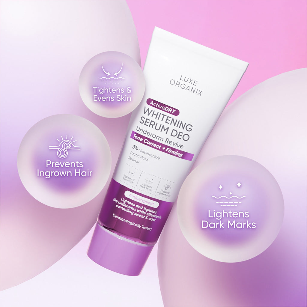Luxe Organix Active Dry Whitening Serum Deo Underarm Revive with benefits on a pink background