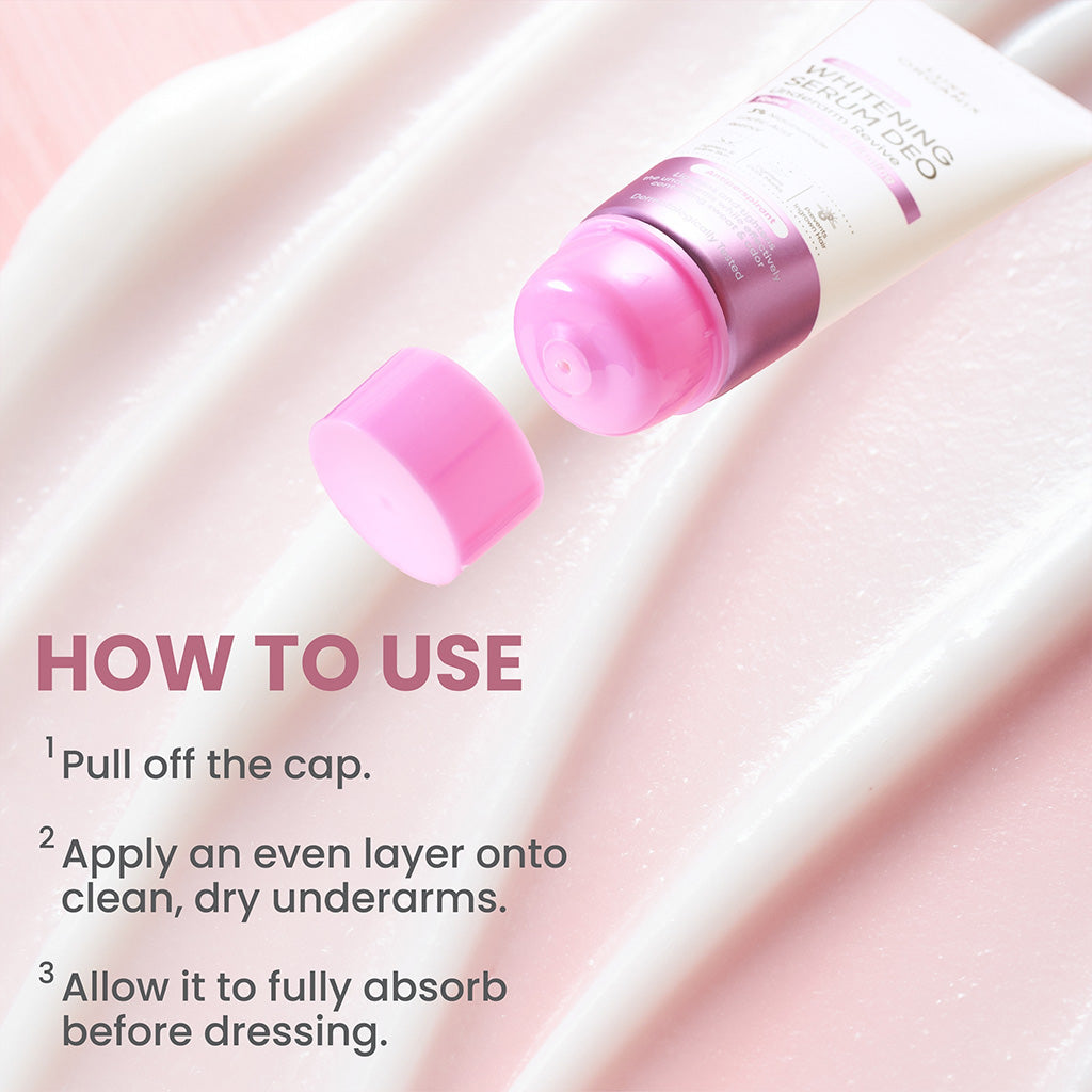 Luxe Organix Active Dry Whitening Serum Deo Underarm Revive with cap on a pink fabric background, showing usage instructions.