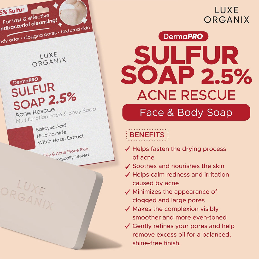 Luxe Organix DermaPRO Sulfur Soap 2.5% Acne Rescue 80g benefits