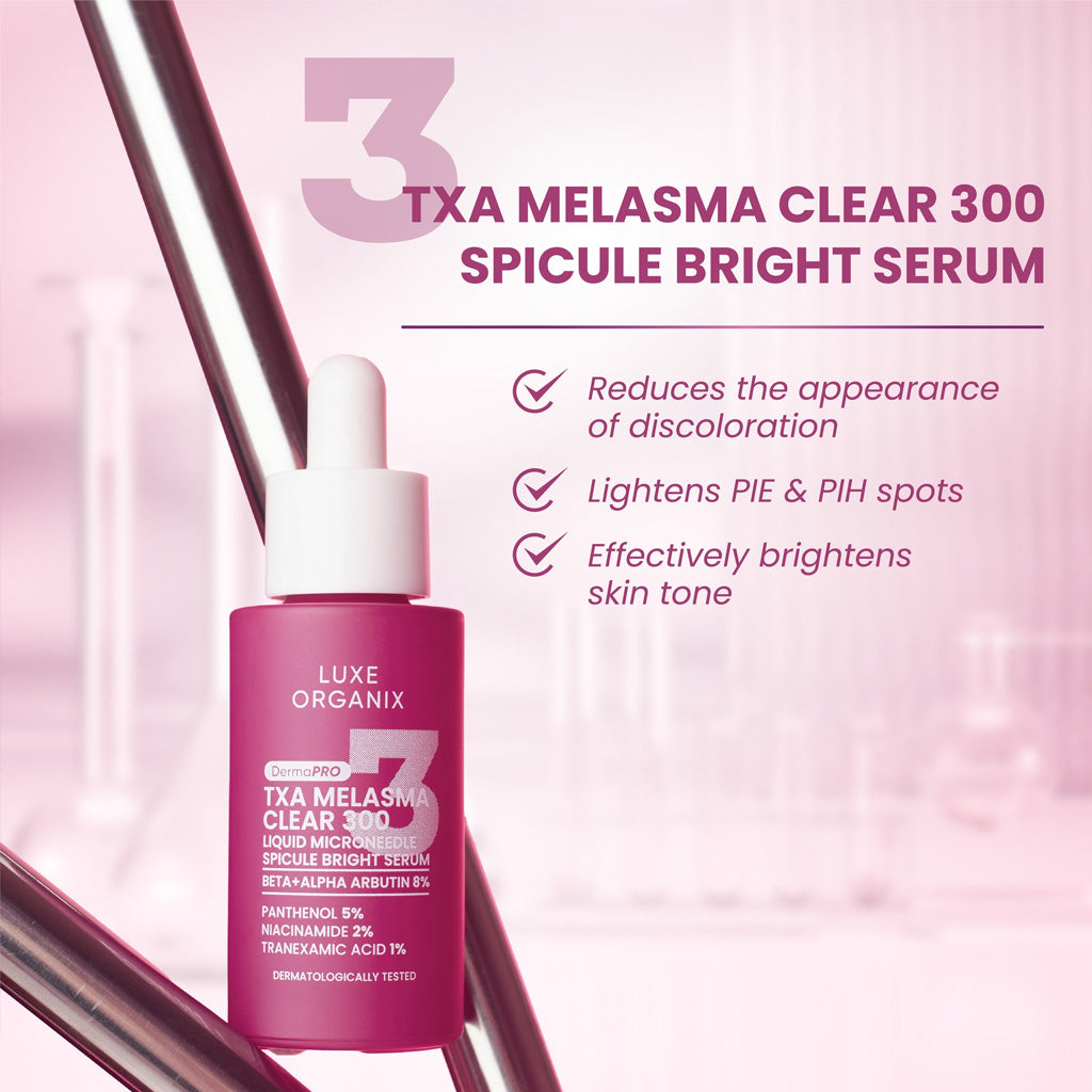 Key Benefits - Luxe Organix DermaPRO TXA Melasma Clear 300 Liquid Microneedle Spicule Bright Serum 30ml