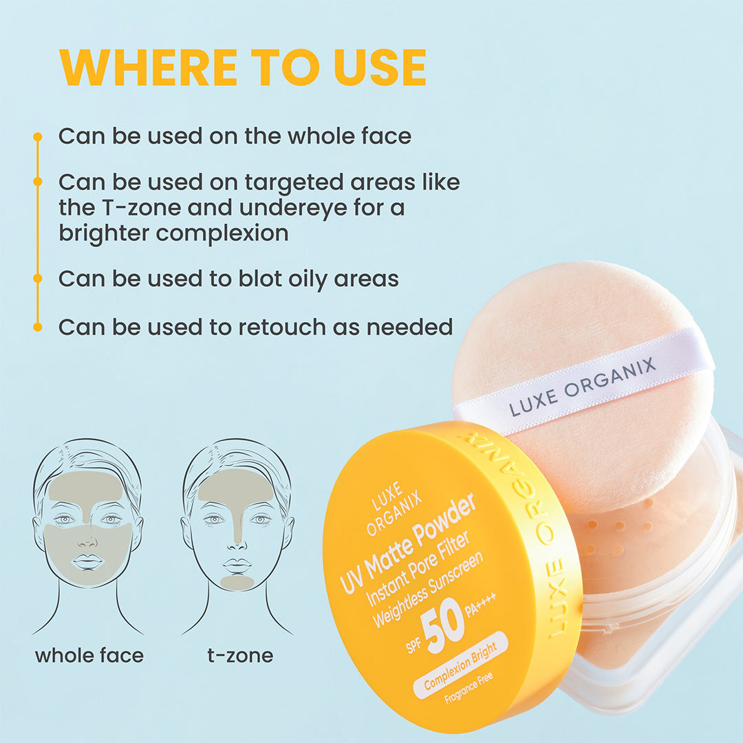 Where to use - Luxe Organix UV Matte Powder Instant Pore Filter Weightless Sunscreen Complexion Bright 15g