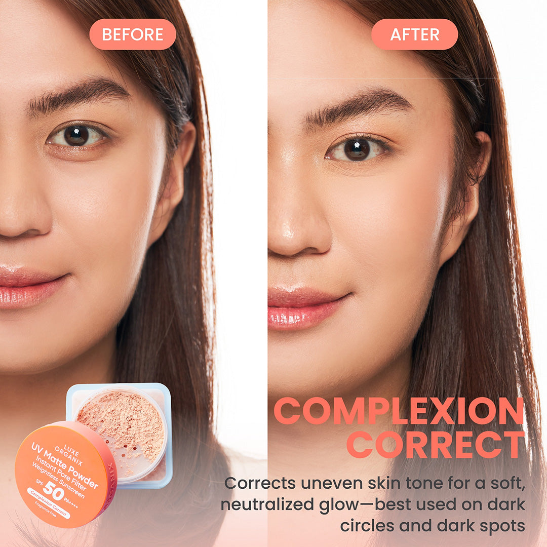 Before and After - Luxe Organix UV Matte Powder Instant Pore Filter Weightless Sunscreen Complexion Correct 15g