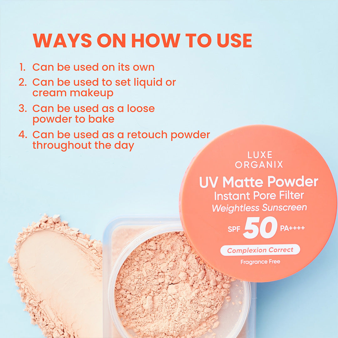 Luxe Organix UV Matte Powder Instant Pore Filter Weightless Sunscreen Complexion Correct 15g