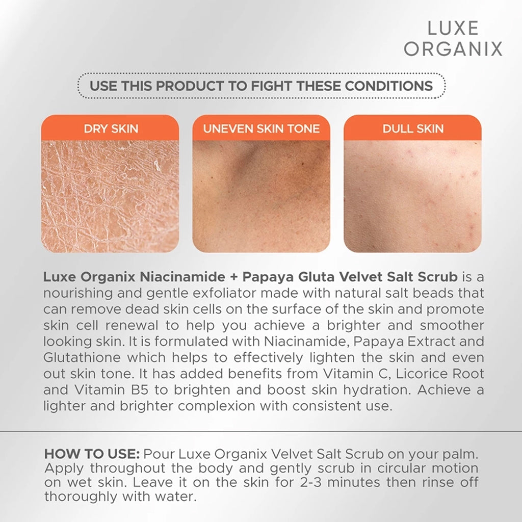 Luxe Organix Niacinamide + Papaya Gluta Velvet Salt Scrub 300g | Bini Beauty AU NZ