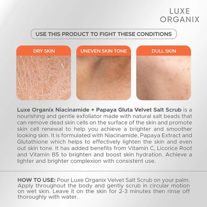 Luxe Organix Niacinamide + Papaya Gluta Velvet Salt Scrub 300g | Bini Beauty AU NZ