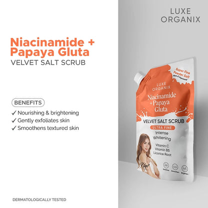 Luxe Organix Niacinamide + Papaya Gluta Velvet Salt Scrub 300g | Bini Beauty AU NZ