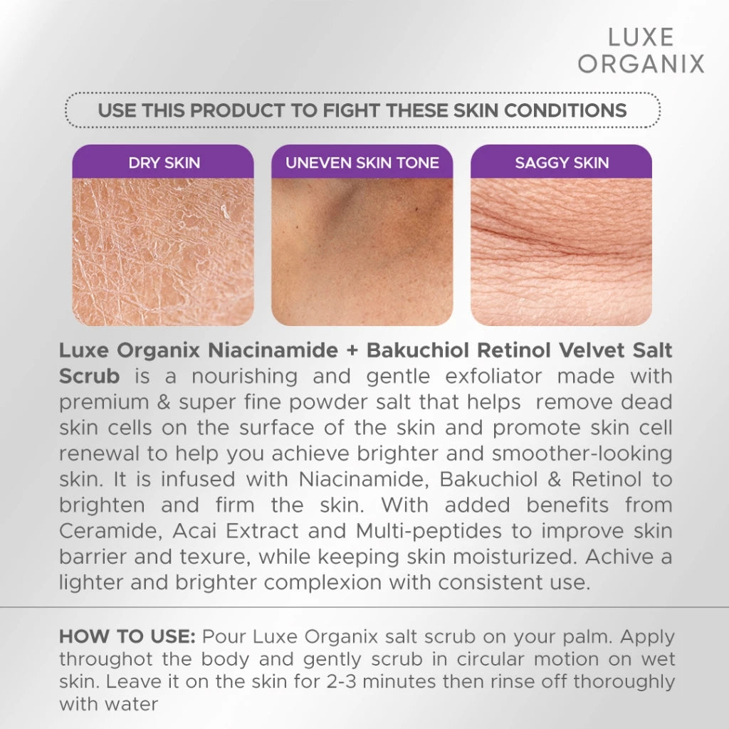 Luxe Organix Niacinamide + Bakuchiol Retinol Velvet Salt Scrub 300g | Bini Beauty AU NZ