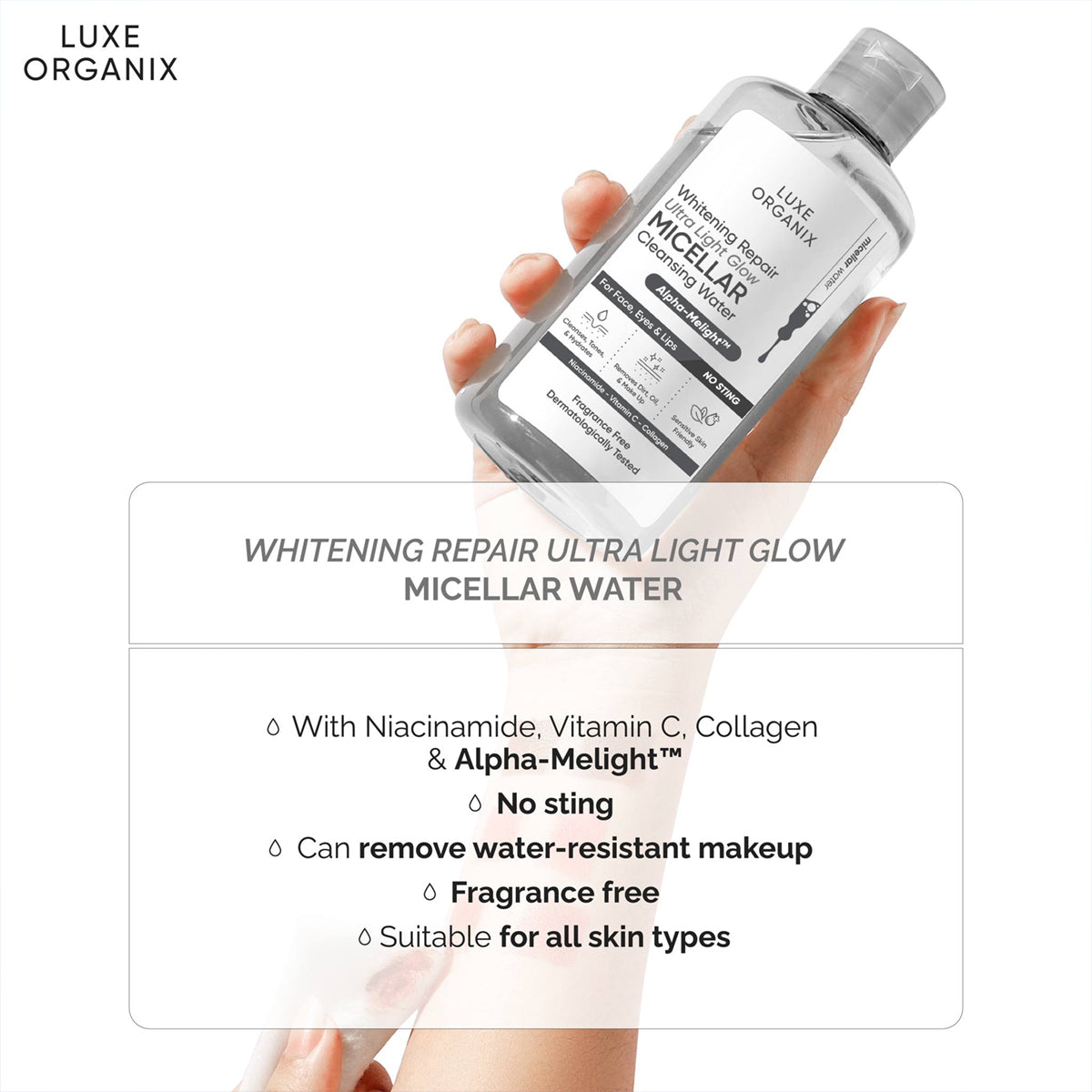 Luxe Organix Whitening Repair Ultra Light Glow Micellar Cleansing Beauty Water 300mL | Bini Beauty AU NZ