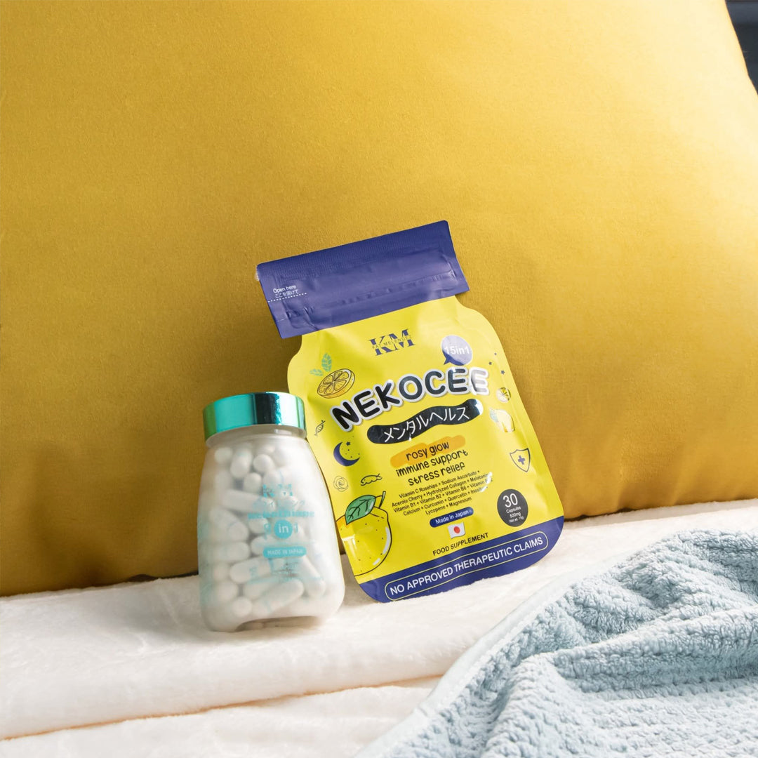 Nekocee sachet with a bottle of Nekothione on a yellow cushioned background