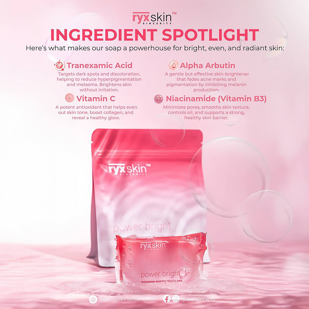 RYX Skin Power Bright Bleaching Whipped Beauty Bar packaging with ingredient spotlight on a pink background