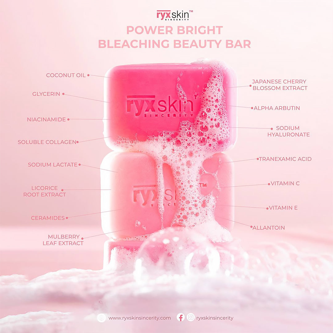 RYX Skin Power Bright Bleaching Whipped Beauty Bar with ingredient list on a pink background