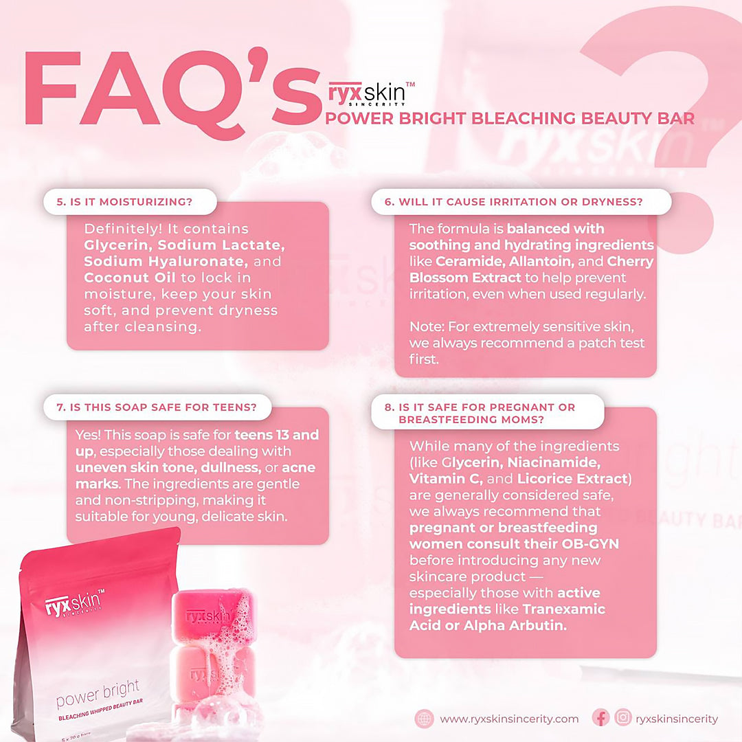 RYX Skin Power Bright Bleaching Whipped Beauty Bar with FAQs on a pink background