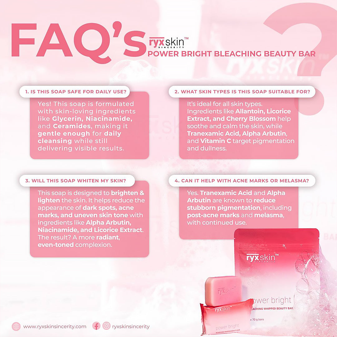 RYX Skin Power Bright Bleaching Whipped Beauty Bar information sheet with product packaging.