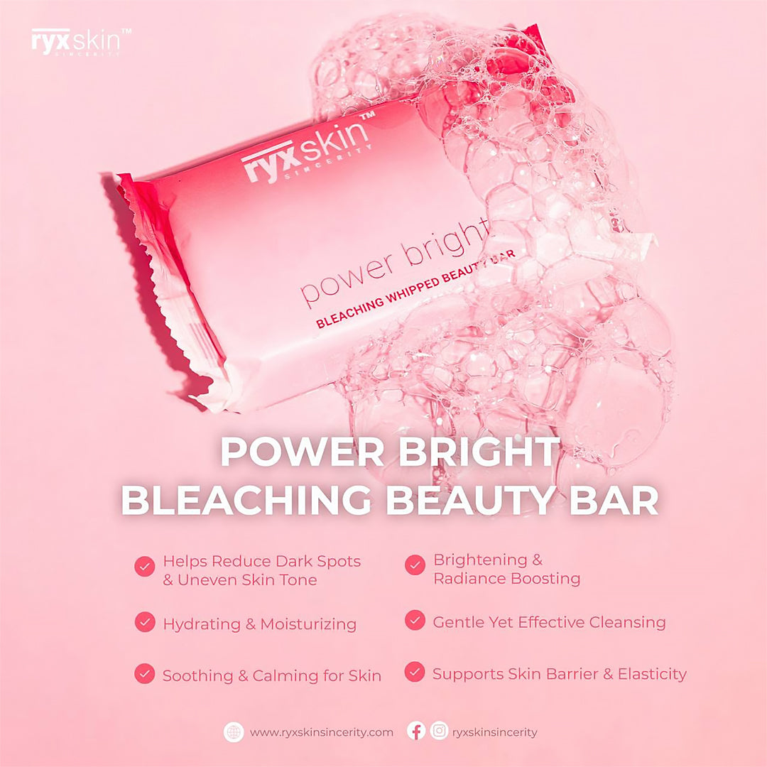 RYX Skin Power Bright Bleaching Whipped Beauty Bar on a pink background with product details.
