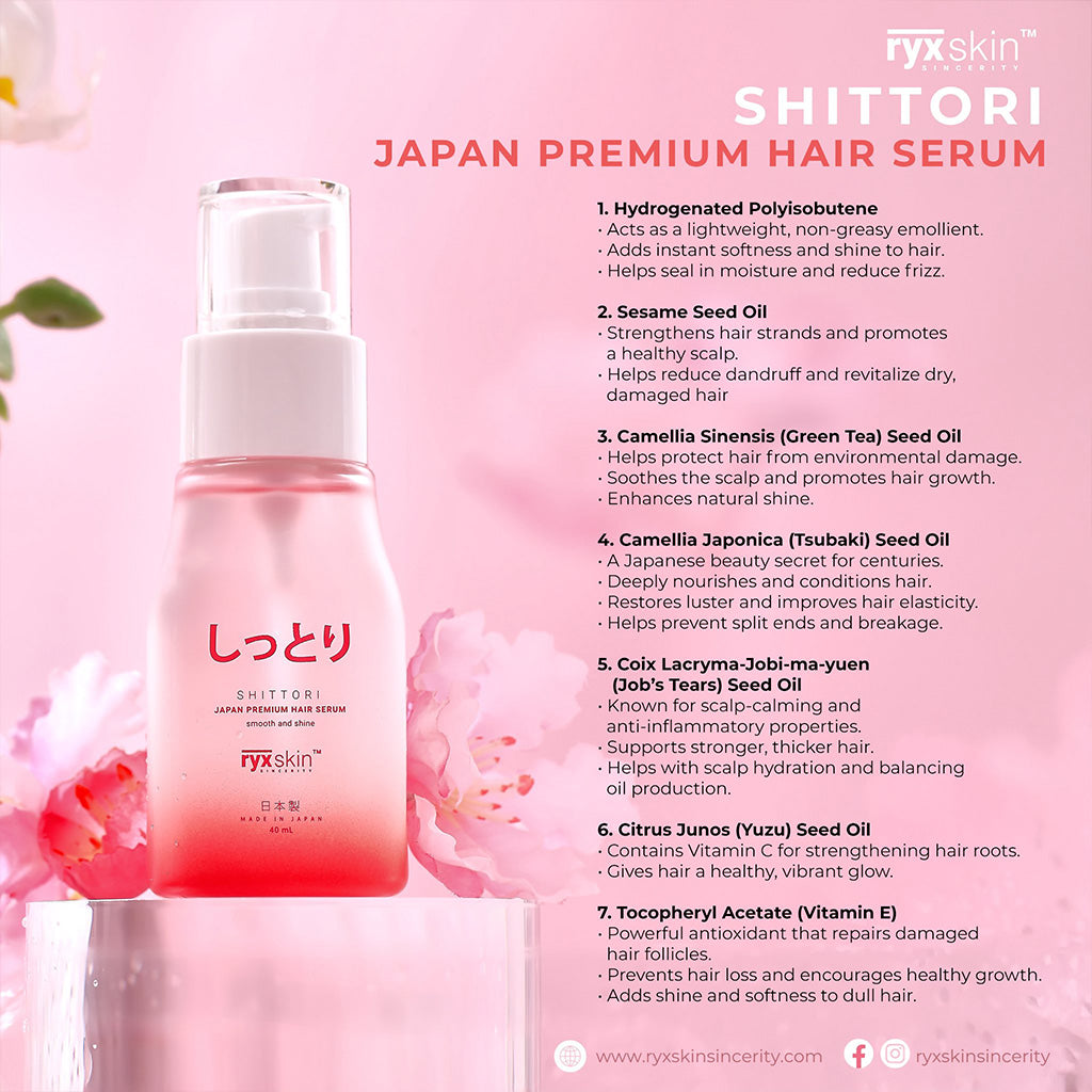 Shittori Japan Premium Hair Serum bottle with product details on a pink background
