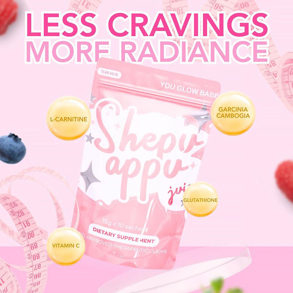 You Glow Babe Shepu Appu Juice dietary supplement package with pink background and text 'Less Cravings More Radiance'.