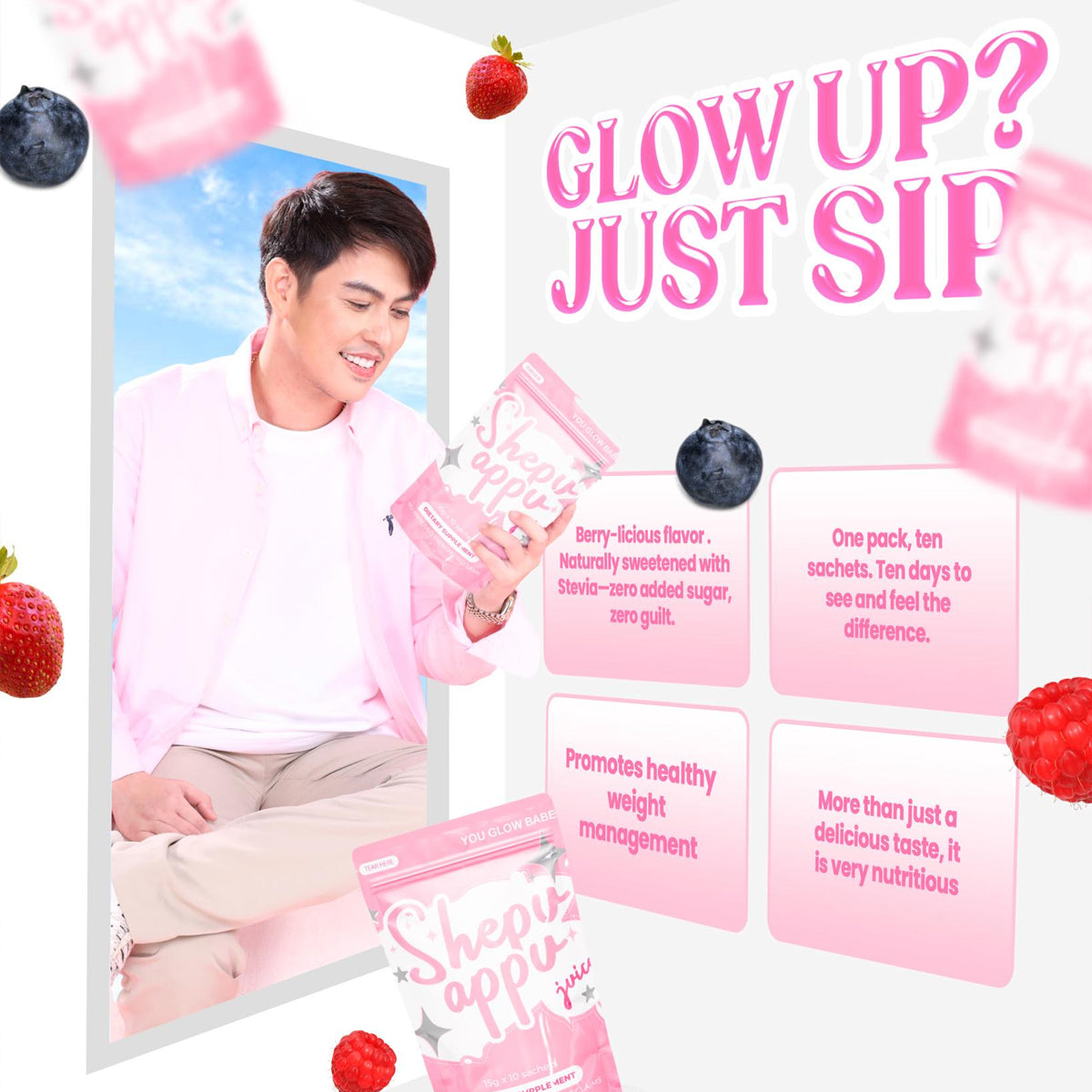 Promotional image of a person holding a You Glow Babe Shepu Appu Juice with text 'Glow Up? Just Sip' and product packaging.