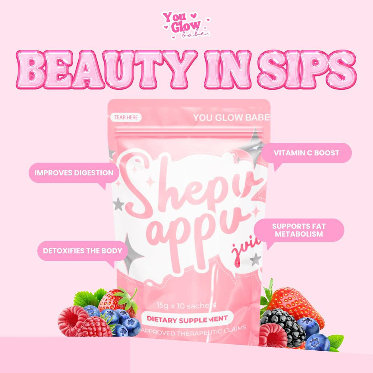 You Glow Babe Shepu Appu Juice with berries and text on a pink background