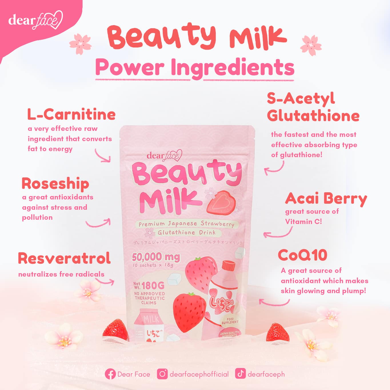 Dear Face Beauty Milk Strawberry Glutathione Drink